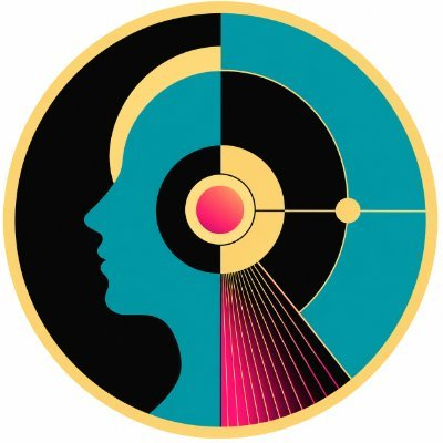 A stylized illustration featuring a circular design with a side-profile silhouette of a human head in teal and black, with geometric shapes and pink accents inside the circle.
