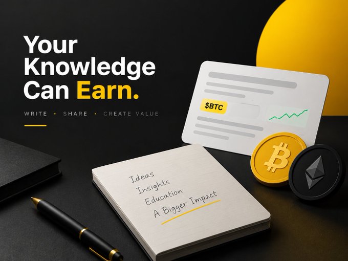 The image features a notebook listing "Ideas, Insights, Education, A Bigger Impact," alongside Bitcoin and Ethereum coins and a chart card with a "$BTC" cashtag, reinforcing the post's message that knowledge shared on Binance Square can be monetized when readers trade via embedded coin tags. The bold tagline "Your Knowledge Can Earn — Write, Share, Create Value" directly visualizes the program's premise of turning educational crypto content into earnings through trading referrals.
