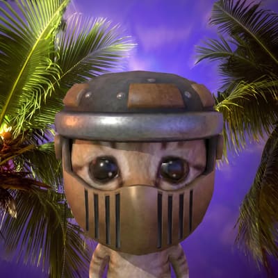 A 3D-rendered character wearing a metallic knight's helmet with a visor stands in front of palm trees against a purple sky.
