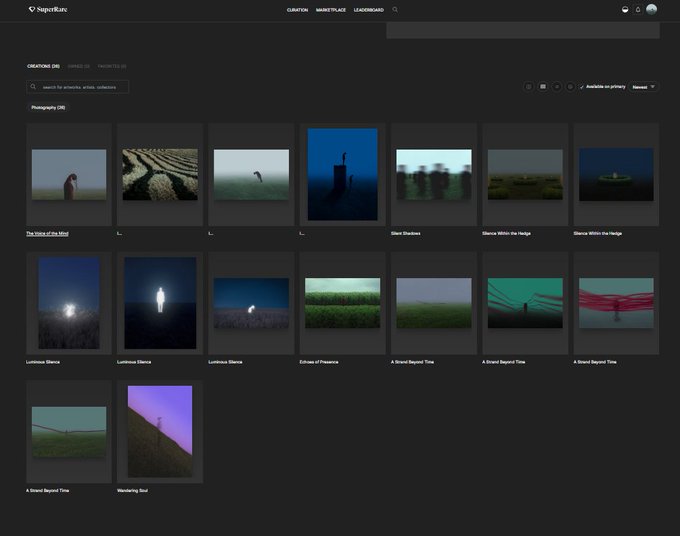 A screenshot of the SuperRare NFT marketplace displays a portfolio of photography artwork, including collections titled 'The Mask of the Wind,' 'Silent Shadows,' 'Silence Within the Hedge,' 'Luminous Silence,' and 'A Strand Beyond Time.'