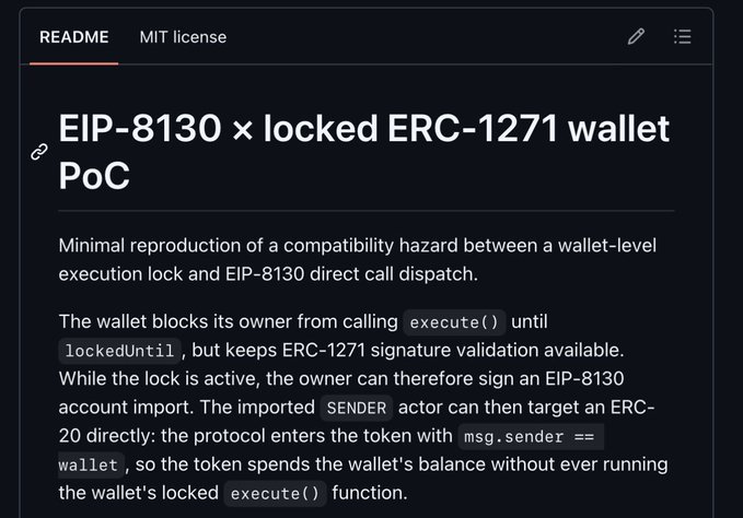 GitHub README titled 'EIP-8130 × locked ERC-1271 wallet PoC' describing a minimal proof-of-concept reproduction of a compatibility hazard between wallet-level execution locks and EIP-8130 direct call dispatch.