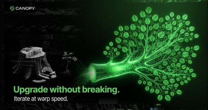 An image promoting Canopy Network with the tagline "Upgrade without breaking. Iterate at warp speed." features a glowing green tree growing from a felled stump, symbolizing seamless iteration and growth without destroying prior progress.

The accompanying post highlights Canopy's testnet milestone of over 793K virtual chains, reinforcing the image's message of rapid, non-disruptive development enabled by AI-driven infrastructure.