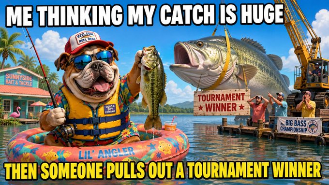 A humorous meme shows a pug in fishing gear holding a small bass in a float tube, captioned 'ME THINKING MY CATCH IS HUGE / THEN SOMEONE PULLS OUT A TOURNAMENT WINNER', with a giant fish being lifted by a crane in the background.
