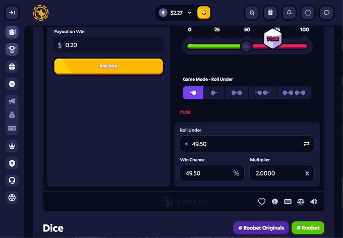 A screenshot of a Roobet dice gambling interface showing a payout of $0.20, a roll under 49.50, and a 49.50% win chance with a 2.0000x multiplier.