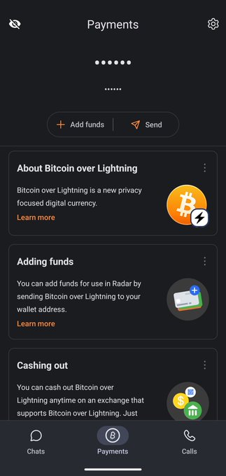 A screenshot of a mobile app's "Payments" screen, showing information about "Bitcoin over Lightning," with options to "Add funds" or "Send."