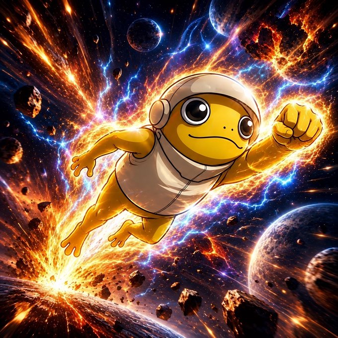 A heroic frog mascot rockets through a fiery cosmic explosion with fists raised, embodying the unstoppable energy and "Fam power" of the $TURBO community.