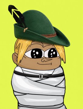 A cartoon character with blonde hair wearing a green Tyrolean hat and wrapped tightly in white bandages against a yellow background.