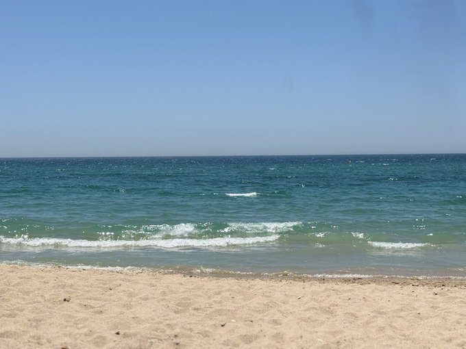 A serene beach scene with sandy shore in the foreground, gentle waves rolling in, and a clear blue sky meeting the calm ocean at the horizon.