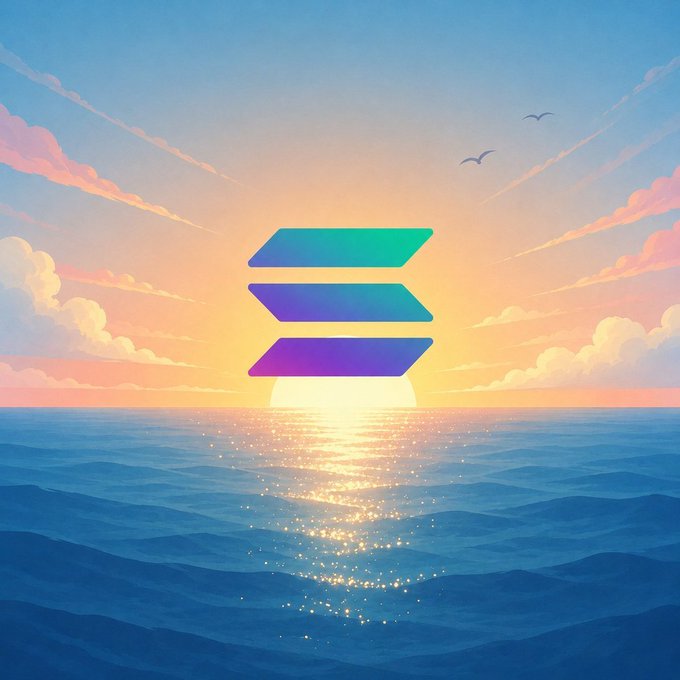 The Solana logo appears as a stylized three-bar emblem in teal, blue, and purple over a serene ocean sunset with sparkling golden light reflecting on the water.