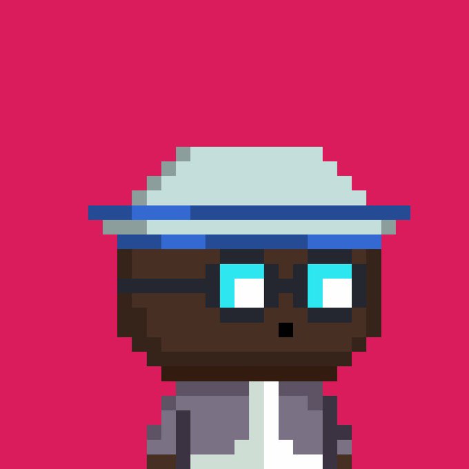 A pixel art portrait of a dark-skinned character wearing a white bucket hat with a blue band, glasses with glowing blue lenses, and a gray jacket, set against a red background.