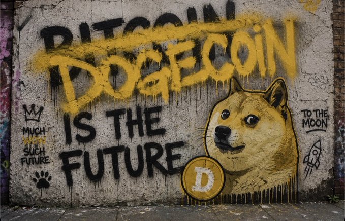 A graffiti mural on a concrete wall featuring a Dogecoin-inspired Shiba Inu dog holding a coin, with text reading 'DOGECOIN IS THE FUTURE' in yellow and black, along with 'BITCOIN' partially crossed out and 'TO THE MOON!' written nearby.