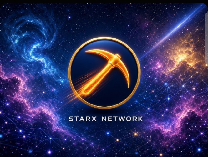 The image displays a vibrant cosmic scene featuring a glowing orange pickaxe symbol within a circular emblem, set against a starry nebula background with a network-like mesh, accompanied by the text "STARX NETWORK." This visually reinforces the accompanying post's message about StarX Network's mission to make blockchain technology accessible and mobile-first, with the pickaxe symbolizing crypto mining and the cosmic network aesthetic reflecting the decentralized, far-reaching nature of blockchain technology.