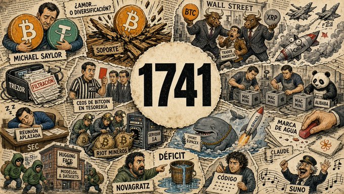 A collage of illustrations related to cryptocurrency and finance, featuring the number '1741' in the center, surrounded by figures labeled with names like 'MICHAEL SAYLOR', 'NOVAGRTZ', 'SUNO', and references to Bitcoin (BTC), XRP, Wall Street, and 'HUUGING FACE'.