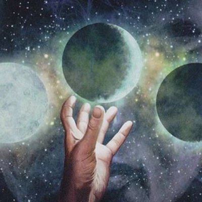 A hand reaches up to touch a glowing moon amidst a starry cosmic backdrop with two other celestial bodies. The mystical imagery evokes a "good morning" greeting with a sense of wonder and possibility, fitting the casual "gm what we saying" sentiment of greeting the day ahead.