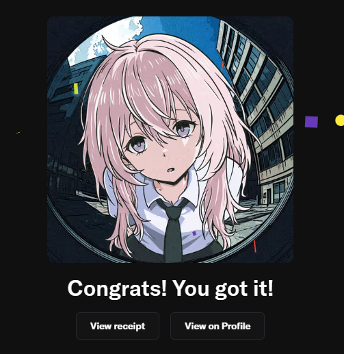 An app notification reads 'Congrats! You got it!' above buttons for 'View receipt' and 'View on Profile,' featuring an anime-style illustration of a pink-haired girl in a school uniform.
