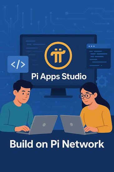 A promotional graphic for 'Pi Apps Studio' with the tagline 'Build on Pi Network,' featuring an illustration of two people working on laptops with the Pi logo displayed on a monitor behind them.