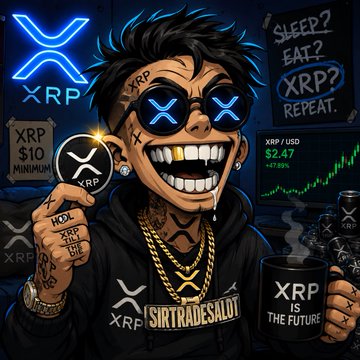 A cartoon-style illustration of a character with 'XRP' branded accessories holding an XRP coin, with text including 'SLEEP? EAT? XRP? REPEAT' and 'SIRTRADESALOT'.