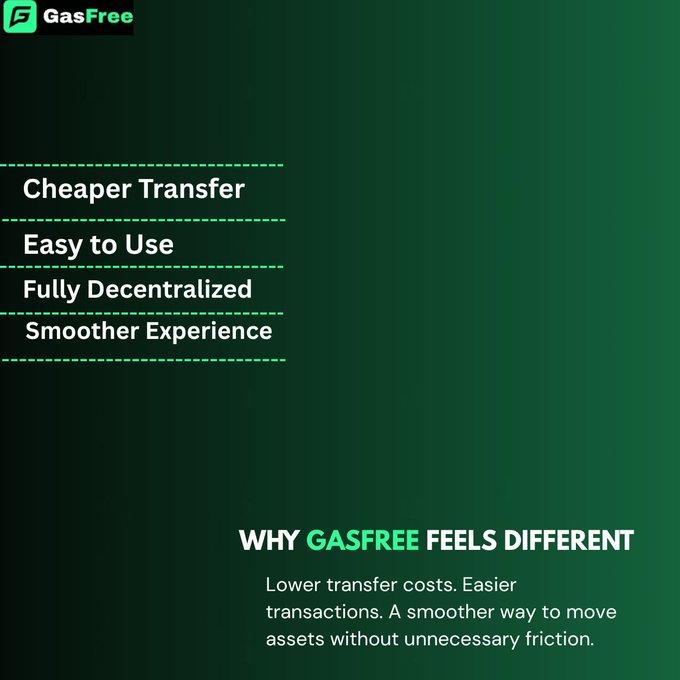 A green promotional graphic for 'GasFree' listing benefits like 'Cheaper Transfer', 'Easy to Use', 'Fully Decentralized', and 'Smoother Experience', with the tagline 'WHY GASFREE FEELS DIFFERENT' and a description of lower transfer costs.