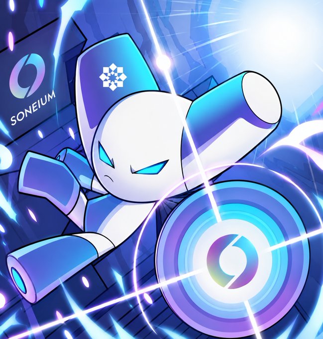 Anime-style artwork featuring a blue and white robotic character with glowing blue eyes, surrounded by electric energy, alongside a Soneium blockchain logo.