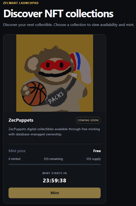 A ZecMart Launchpad page showcasing the 'ZecPuppets' NFT collection, showing a cartoon bear holding a basketball, marked as 'COMING SOON' with free minting and a countdown timer.