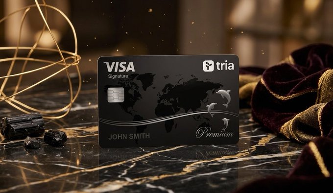 The image features a black Visa credit card displayed prominently on a marble table, with a gold wire sculpture placed behind it. The text "Visa Premium" can be seen on the credit card, indicating its premium status or additional benefits compared to standard cards. The background of the image is dark and blurred, drawing attention to the credit card and the wire sculpture as the main subjects.
