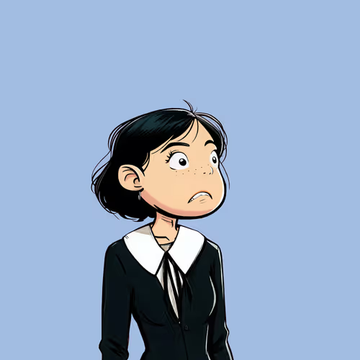 Cartoon-style portrait of a young woman with short black hair and freckles, wearing a black sweater with a white collar, looking sad against a blue background.