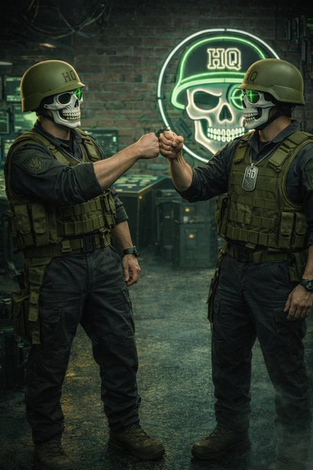 Two skull-masked figures in tactical military gear with 'HQ' helmets bump fists in a dimly lit industrial setting, with a glowing neon green skull logo behind them.