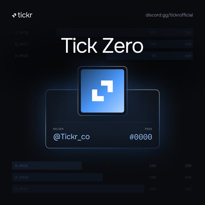 Digital pass card displaying "Tick Zero" with the Tickr logo, holder username @Tickr_co, and pass number #0000 against a dark data-themed background.