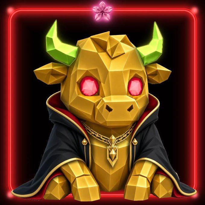 A stylized 3D digital illustration of a golden, faceted bull or minotaur character with glowing red eyes, green horns, and a gold chain, set against a black background with a red neon border.