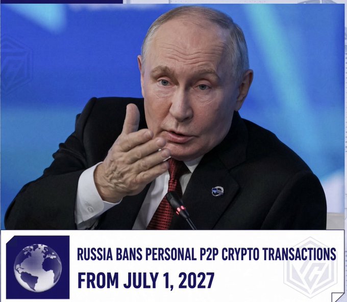 A news graphic shows Vladimir Putin speaking at a podium with the headline 'RUSSIA BANS PERSONAL P2P CRYPTO TRANSACTIONS FROM JULY 1, 2027'.