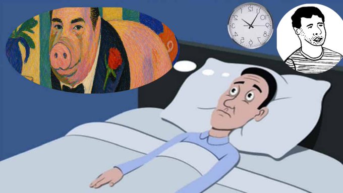A cartoon illustration shows a man lying awake in bed with wide eyes, unable to sleep, as his thought bubbles display a whimsical painting of a pig-human hybrid holding a red rose and a portrait of himself, with a clock on the wall indicating it's late at night—capturing the "I can't sleep" sentiment of the "Good night frens" post.