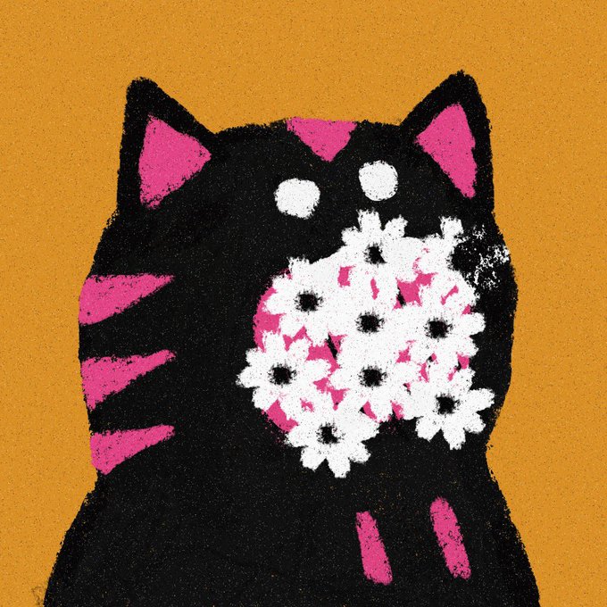 Stylized illustration of a black cat holding a bouquet of white daisies with pink accents against an orange background.