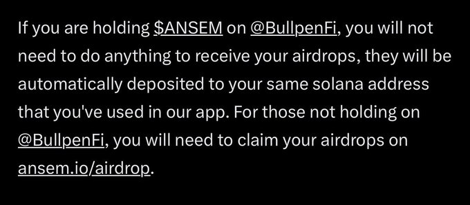 The image is an announcement explaining that $ANSEM token holders on @BullpenFi will automatically receive airdrops to their Solana address, while those holding elsewhere must claim at ansem.io/airdrop. This relates to the post by introducing a platform (z500) associated with Ansem that appears to distribute rewards or airdrops to qualifying holders.