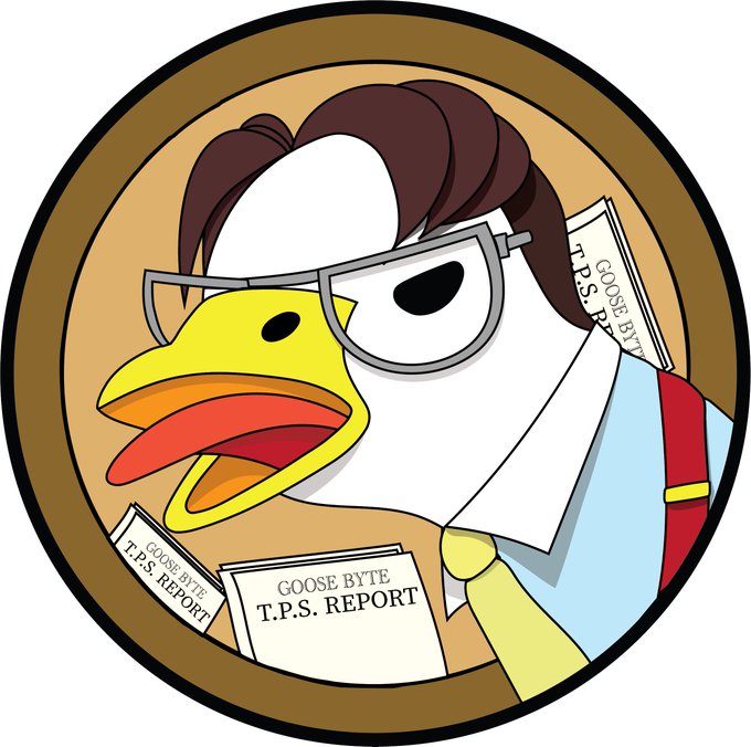 A circular avatar-style logo depicting a duck/goose character wearing glasses and a tie, holding "GOOSE BYTE T.P.S. REPORT" papers.