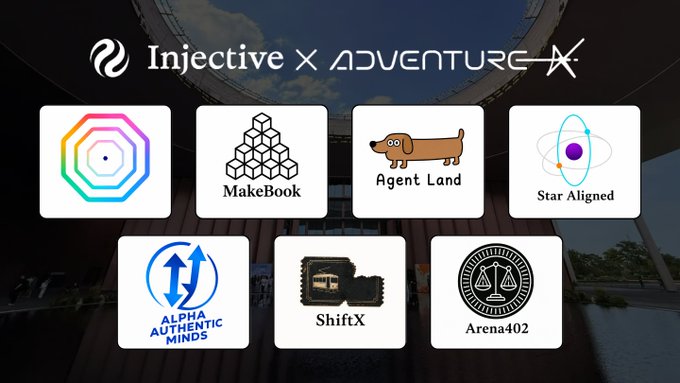 A promotional graphic titled 'Injective x ADVENTURE' showcasing seven partner logos including MakeBook, Agent Land, Star Aligned, Alpha Authentic Minds, ShiftX, and Arena402.