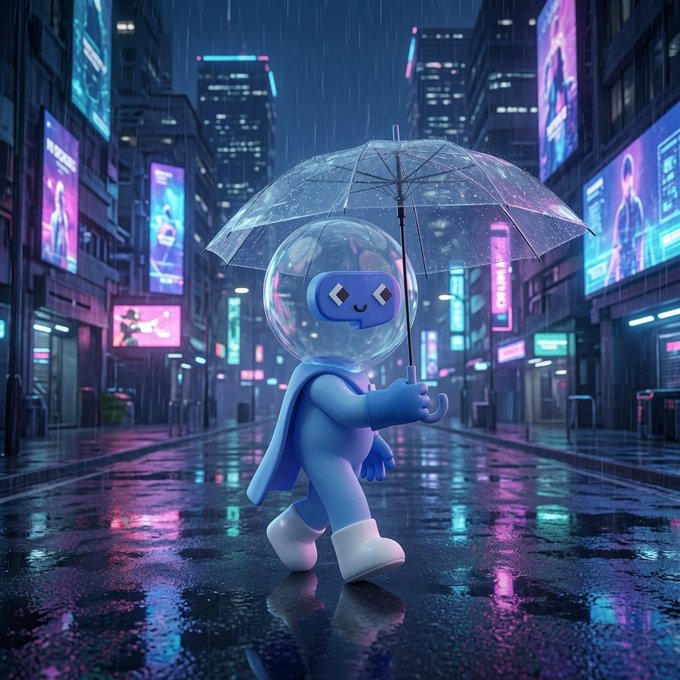A cute blue robot-like character with a transparent bubble head holding a clear umbrella walks through a rain-soaked cyberpunk city street illuminated by neon signs.