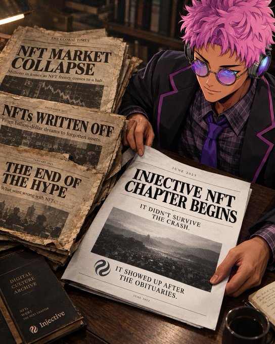 An anime-style illustration shows a pink-haired character reading newspapers with headlines like 'NFT MARKET COLLAPSE' and 'THE END OF THE HYPE,' while holding an article titled 'INJECTIVE NFT CHAPTER BEGINS.'