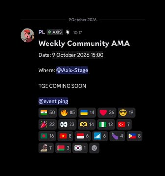 A Telegram announcement from PL stating 'Weekly Community AMA' dated 9 October 2026 15:00 in the Axis-Stage channel, noting 'TGE COMING SOON' with various country flag reaction counts below.