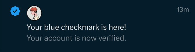 A notification message reads 'Your blue checkmark is here! Your account is now verified.' with a checkmark icon and avatar visible.