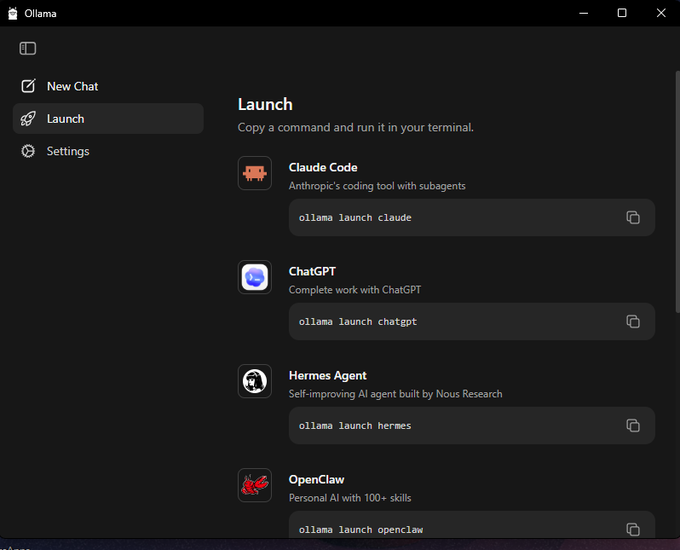 A dark-themed application window for 'Ollama' displaying a Launch screen with commands for AI tools including Claude Code, ChatGPT, Hermes Agent, and OpenClaw.