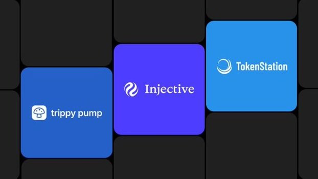 A graphic displays three blue/purple tiles with the logos 'trippy pump', 'Injective', and 'TokenStation' set against a dark grid background.