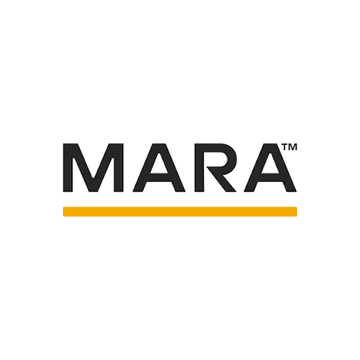 A logo image showing the text "MARA™" in black lettering with a yellow underline, representing Marathon Digital Holdings (ticker: MARA), the Bitcoin mining company that pledged 18,750 BTC as collateral to secure $600M in new funding for energy and AI infrastructure expansion.