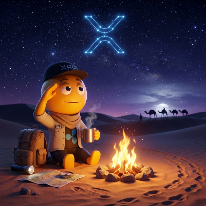 An XRP-themed character wearing an 'XRP' cap sits by a desert campfire at night under a glowing blue 'X' logo, with camels silhouetted in the background.
