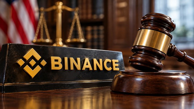 A stock photo-style image showing a wooden gavel, scales of balance, the Binance logo on a nameplate, and an American flag in the background, suggesting legal or regulatory themes related to Binance.