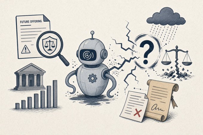 An illustrated graphic depicting a robot at the center surrounded by various icons including a courthouse, scales of justice, a 'FUTURE OFFERING' document under a magnifying glass, a question mark, rain clouds, and signed contracts.