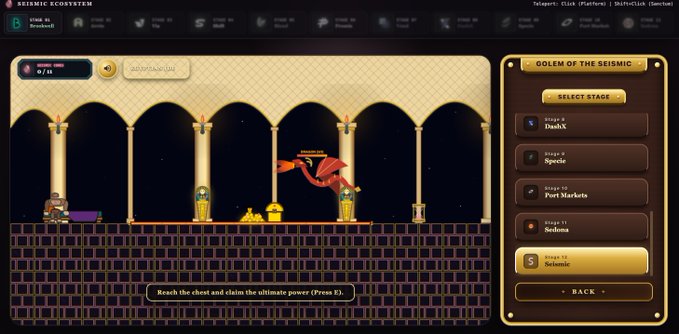 The image presents a screenshot of a game interface for a video game called "Golem of the Seismic", which appears to be an underground adventure set in a virtual world. The game allows players to experience the thrill of being a stone Golem as they navigate through sealed chambers, collect ancient cores, and ultimately discover the path toward gaining the final Seismic power. The game is designed for players who enjoy exploring intricate virtual environments and solving puzzles to progress in their quest.