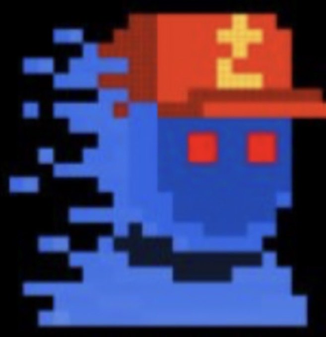 A pixel art illustration of a blue figure wearing a red cap, appearing to dissolve or fragment into blue particles on the left side against a black background.