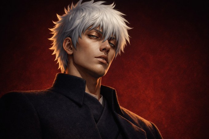 Digital artwork of a character resembling Gintoki from Gintama with messy silver-white hair and a serious expression, set against a dark red background.