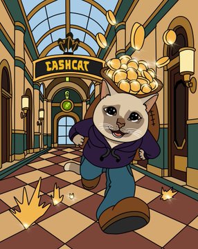 An animated cat wearing a suit runs through an ornate "CASHCAT" vault with a sack overflowing gold coins over its shoulder, matching the post's theme of stacking $CASHCAT before explaining. The cat's triumphant escape with the bag of "alpha" visually represents the "stack first, explain later" mindset, with gold coins tumbling onto the checkered floor symbolizing the grind paying off.