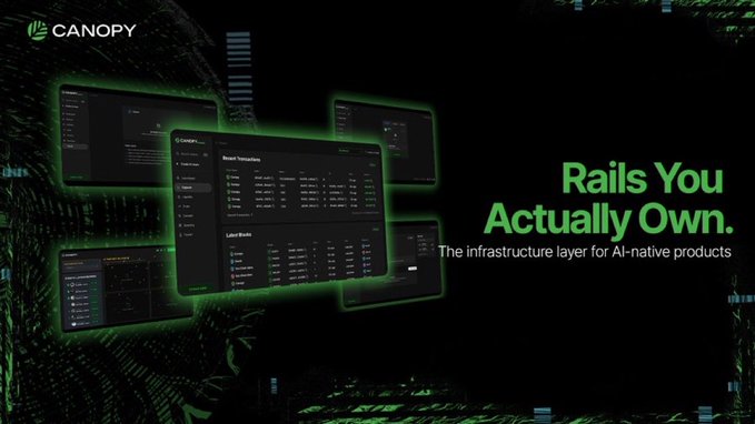 Canopy advertisement promoting 'Rails You Actually Own' - described as 'The infrastructure layer for AI-native products,' showing dashboard interfaces with green accents.